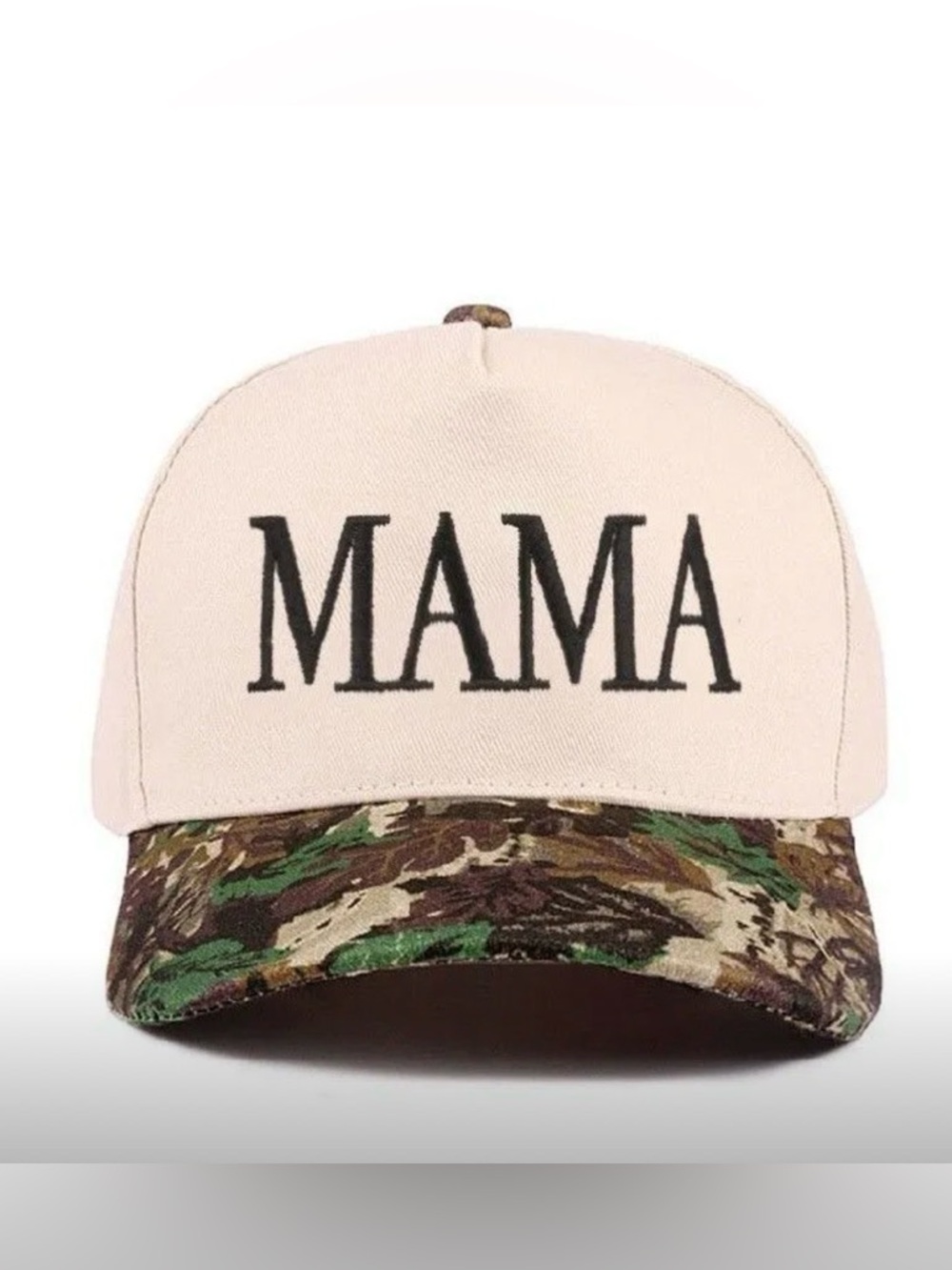 MAMA Embroidered Trucker Hat in Cream with Camo Brim